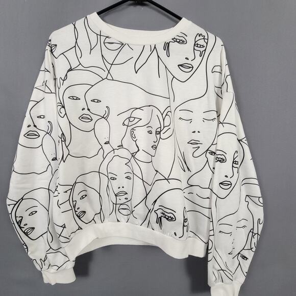 Abstract Face Line Art Print Sweatshirt White Graphic Crewneck Medium - Picture 2 of 6